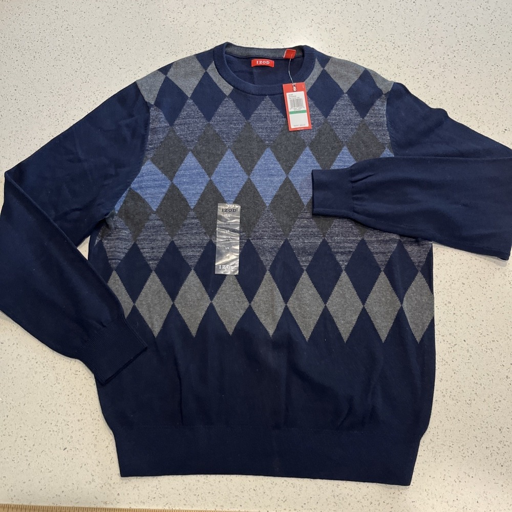 IZOD Mens Argyle Sweater‎ Navy Blue Gray Long Sleeve Crew Neck Cotton Size L NWT